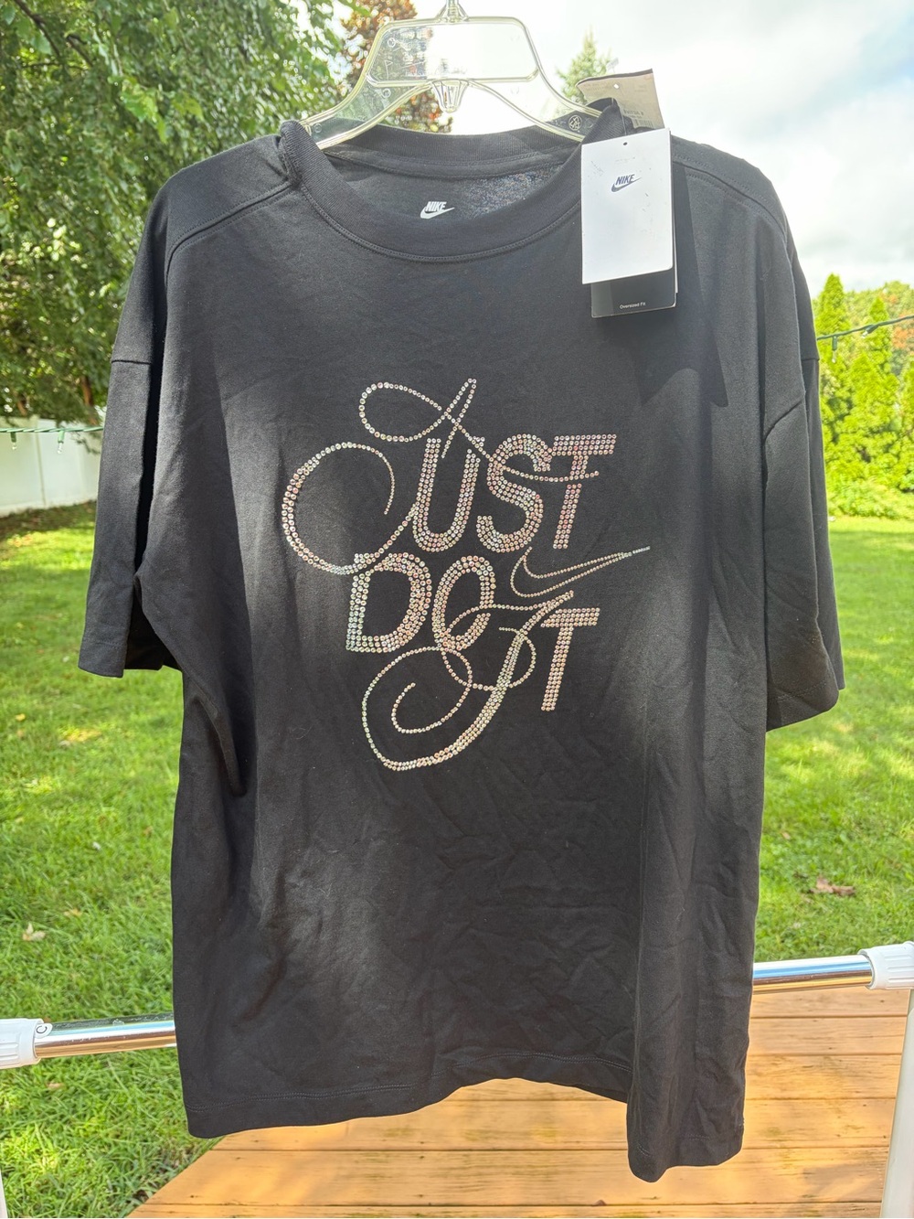 Nike Black Oversized Short-Sleeve T-Shirt with Rhinestone 'Just Do It' Script